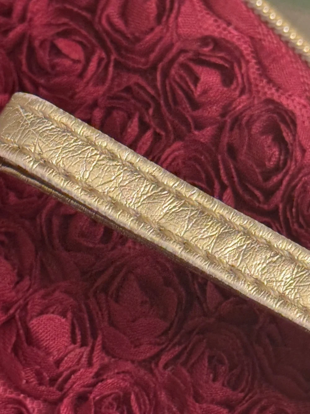 Neiman Marcus Burgundy Rose-Embroidered Wristlet with Gold Strap